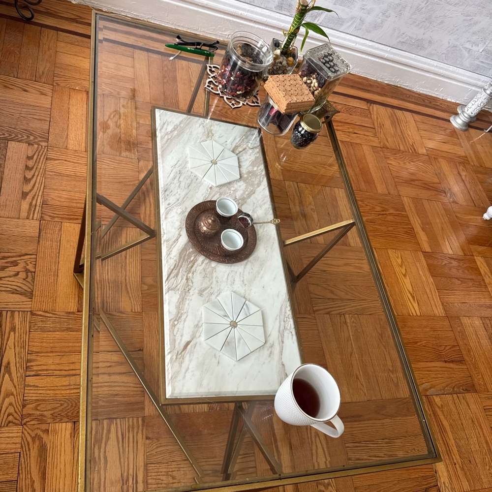 Glass and Gold Coffee Table with Marble Accent